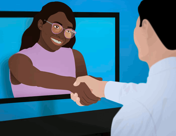 Illustration. Shaking hands with person on computer screen.